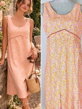Vintage Pink Orange Floral Dress Handmade.Feminine Summer Romantic Poetcore
